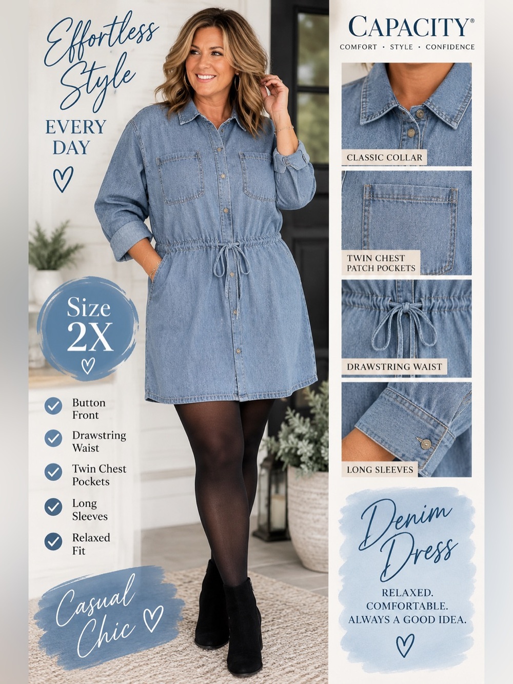 Capacity Light Blue Denim Drawstring Waist Long Sleeve Dress